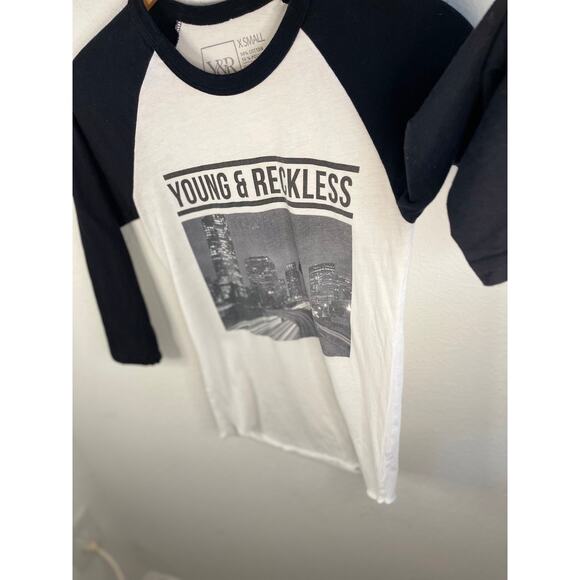 Black and White Cityscape Casual Young and Reckless Varsity T Shirt Twilight - Picture 2 of 5